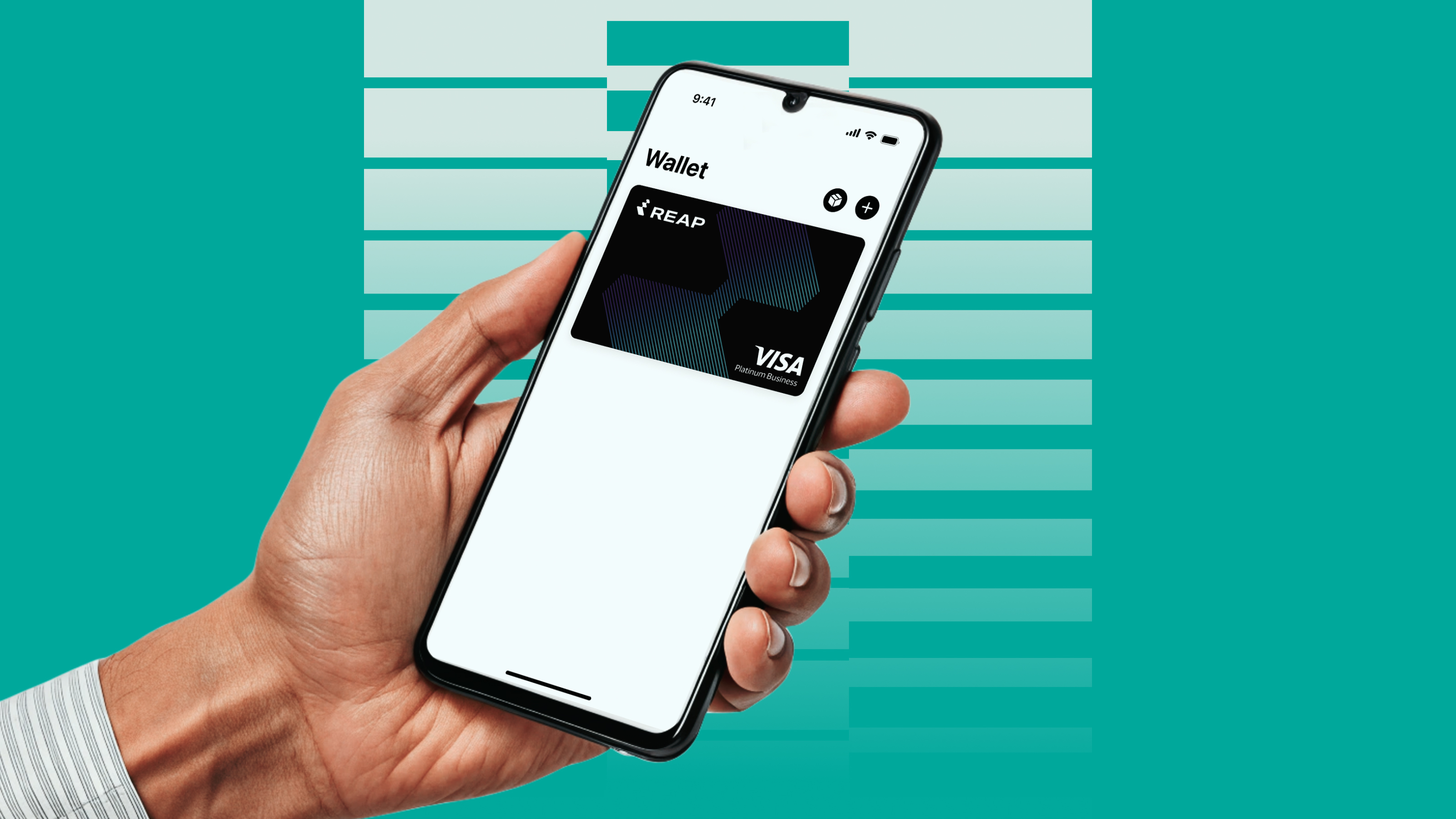 Hand holding smartphone displaying digital wallet with a REAP Visa Platinum Business card.