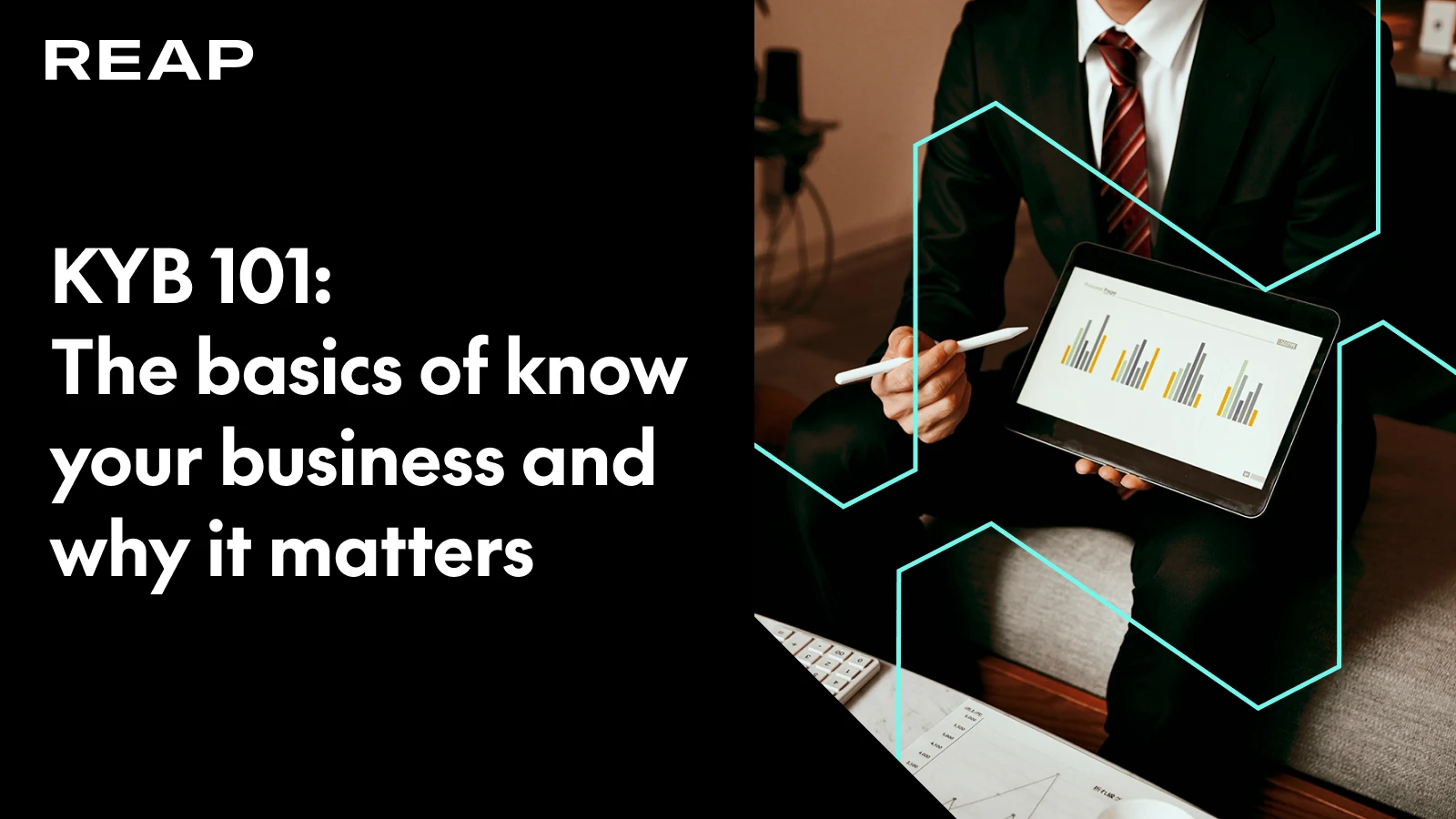 Man in suit showing tablet with bar graphs, next to text on know your business basics and importance.