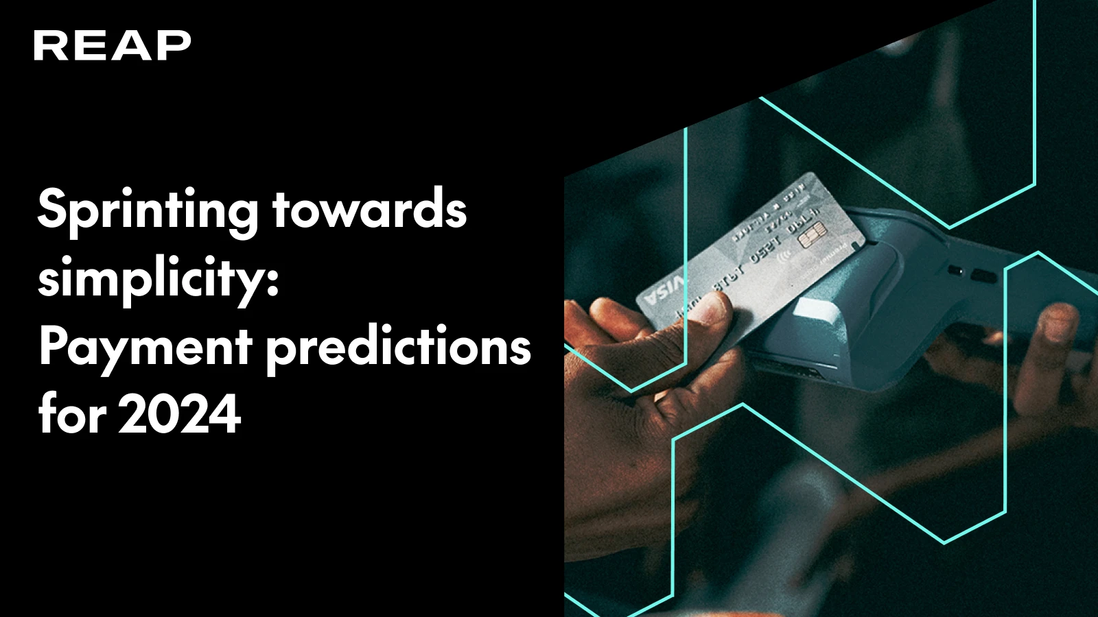 Hand holding a credit card near a payment terminal with text about payment predictions for 2024.