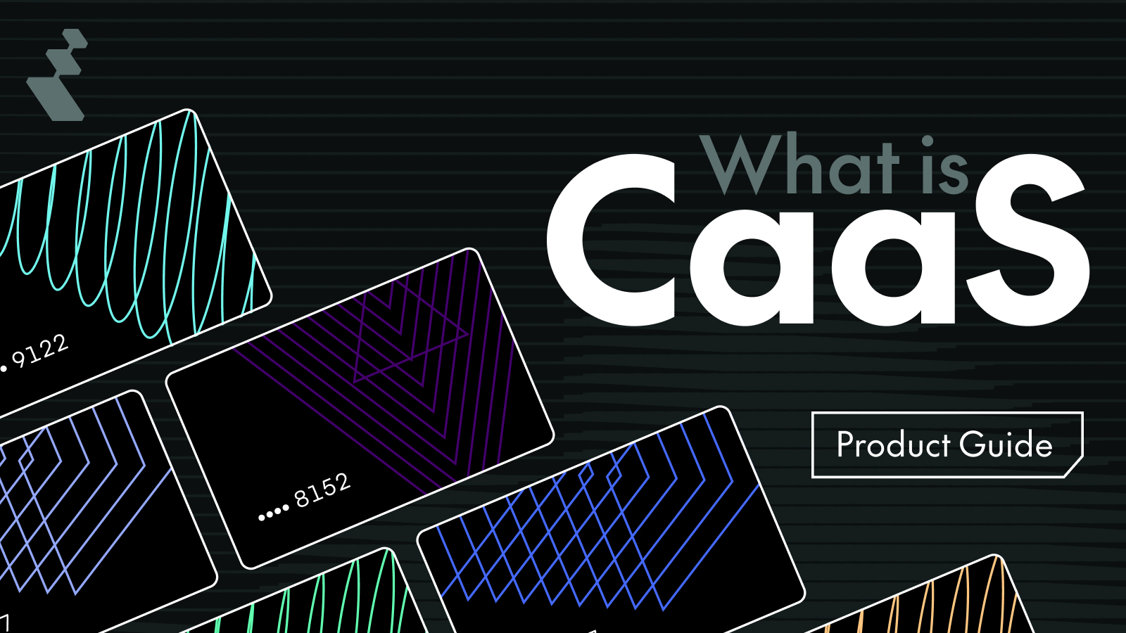 Black cards with colorful geometric patterns and partial numbers around text 'What is CaaS' and 'Product Guide'.