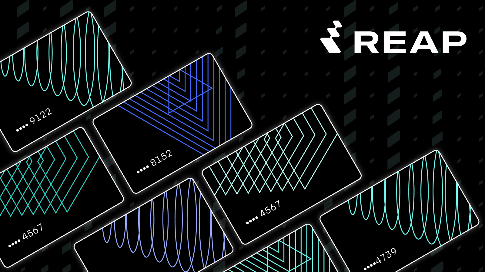 Black cards with blue and teal geometric line patterns and partial card numbers on a dark background with REAP logo.