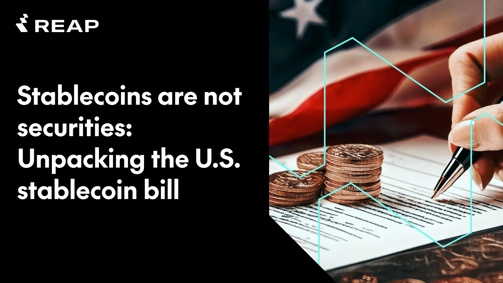 Stacks of coins on a document with a hand signing and a blurred U.S. flag in the background.