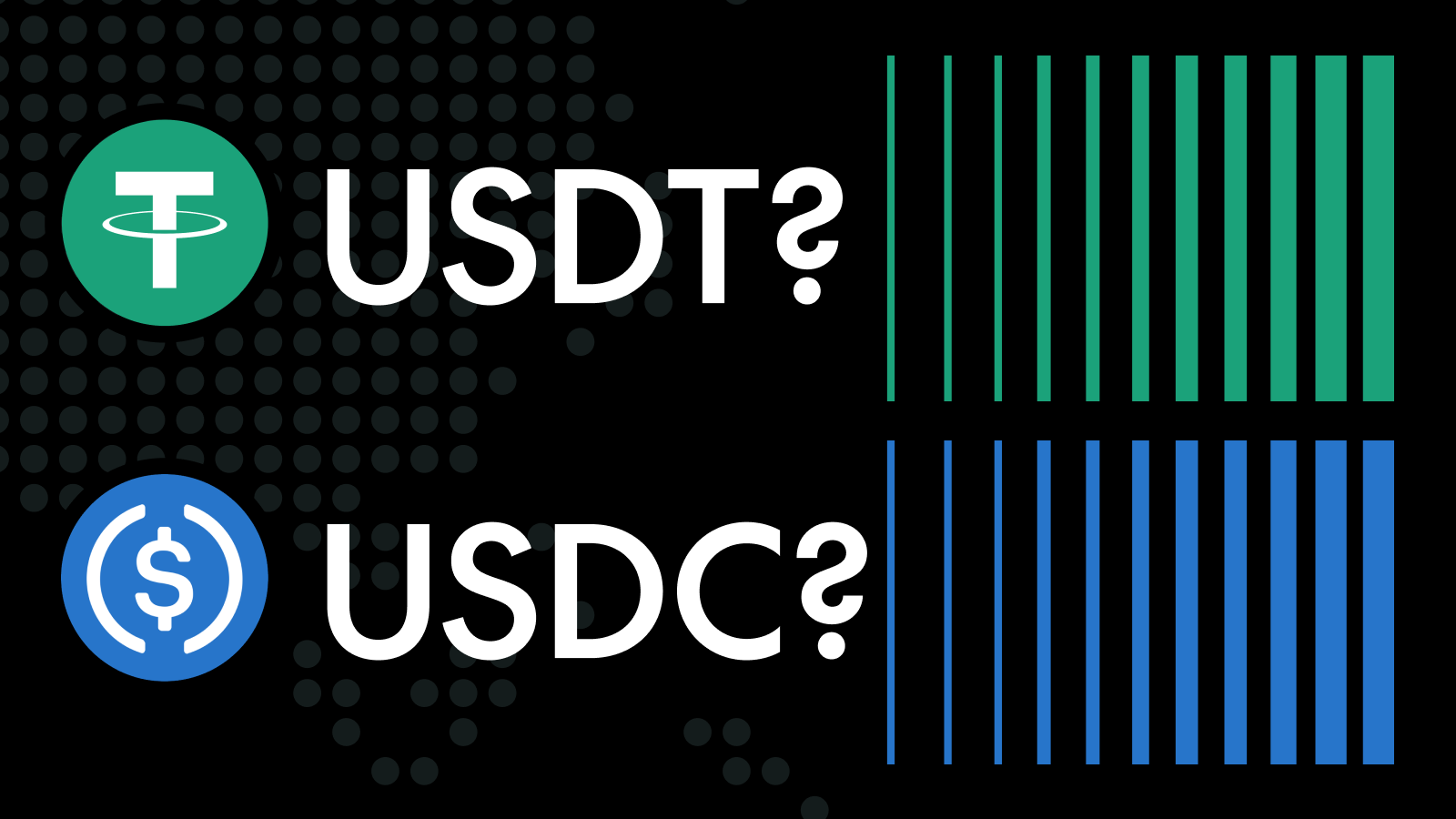 Green USDT and blue USDC stablecoin logos with vertical bar charts on black background.