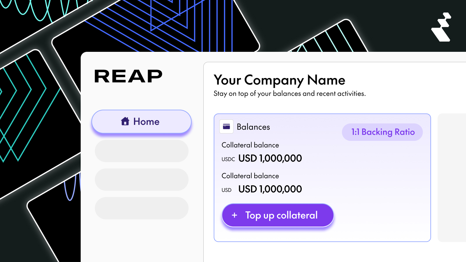 REAP dashboard showing balances of USD 1,000,000 collateral in USDC and USD with option to top up collateral.