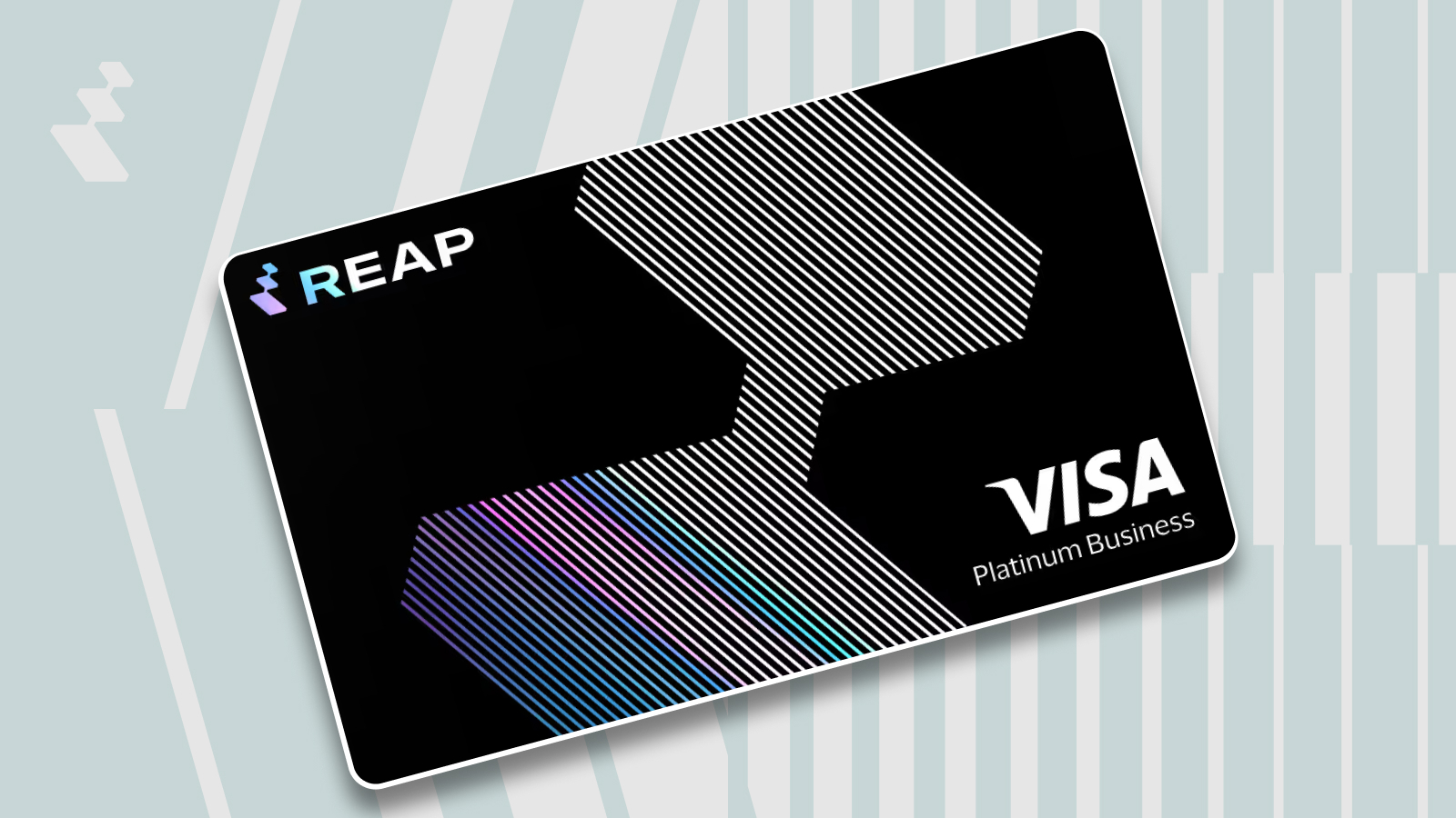 Black REAP Visa Platinum Business credit card with diagonal striped design and holographic colors.