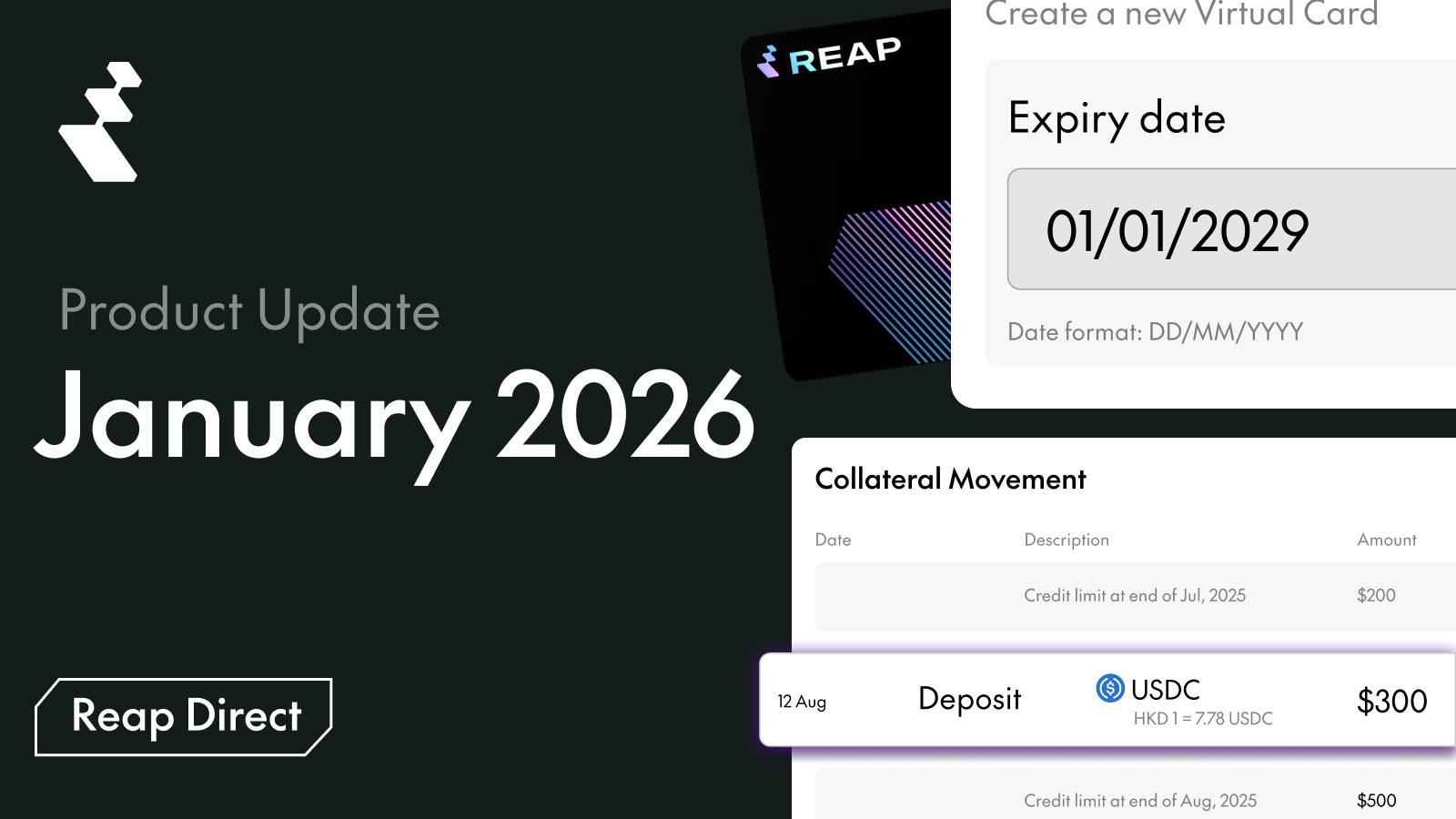Product update for January 2026 by Reap Direct showing a virtual card expiry date and deposit details.