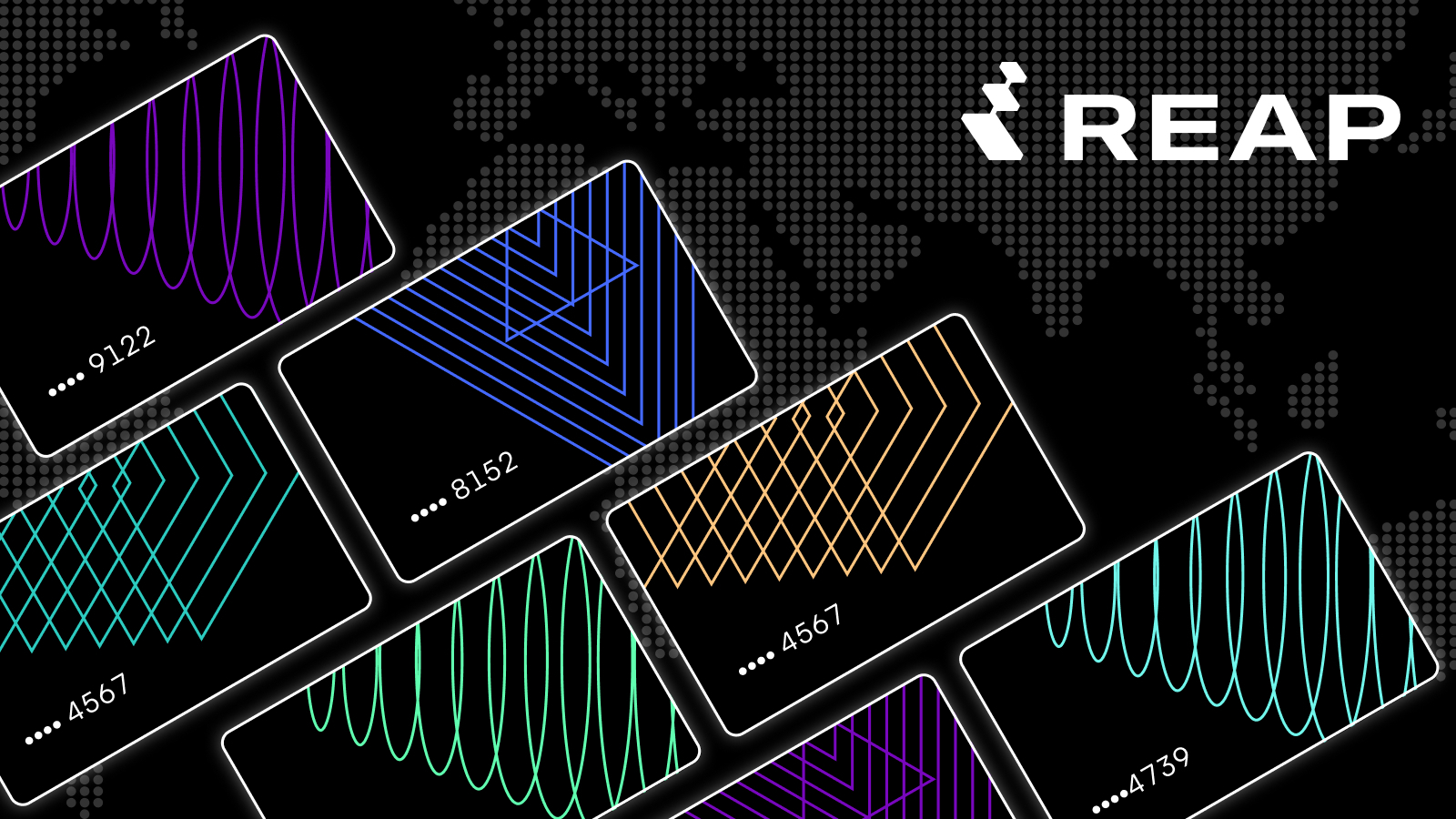 Black cards with colorful geometric line patterns and partial card numbers, with REAP logo and dotted world map.
