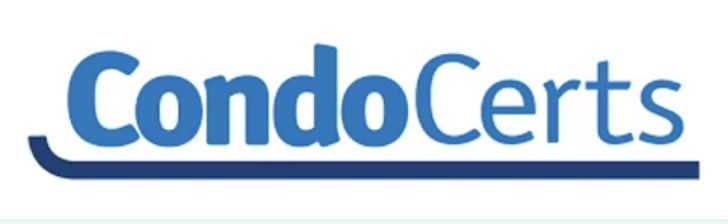 CondoCerts logo with wordmark in blue and dark blue.