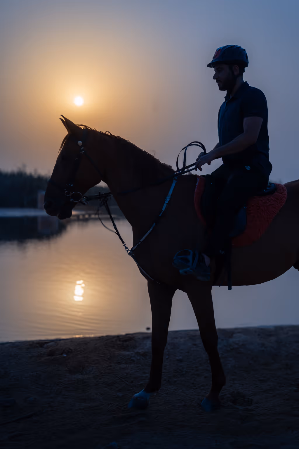 Male rider on a horse in front of a lake in the dubai desert during sunrise