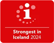 Red badge with white circle displaying “2024” and the text “Strongest in Iceland” underneath.