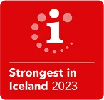 Red badge with white circle displaying “2023” and the text “Strongest in Iceland” underneath.