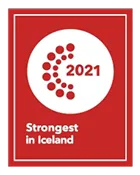 Red badge with white circle displaying “2021” and the text “Strongest in Iceland” underneath.