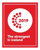 Red badge with white circle displaying “2019” and the text “The strongest in Iceland” underneath.
