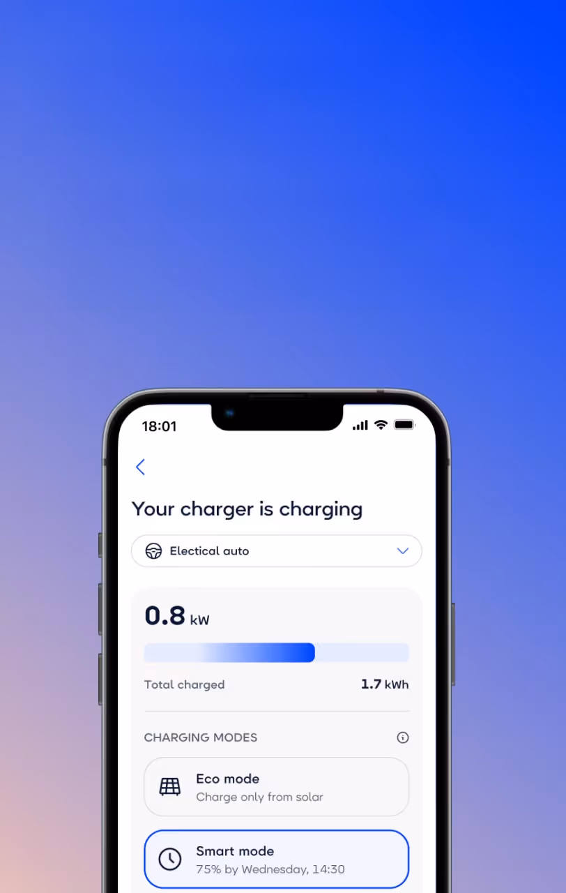 Smartphone mit sonnen App zeigt Ladeinformationen eines Elektroautos und Auswahlmöglichkeiten zwischen verschiedenen Lademodi.