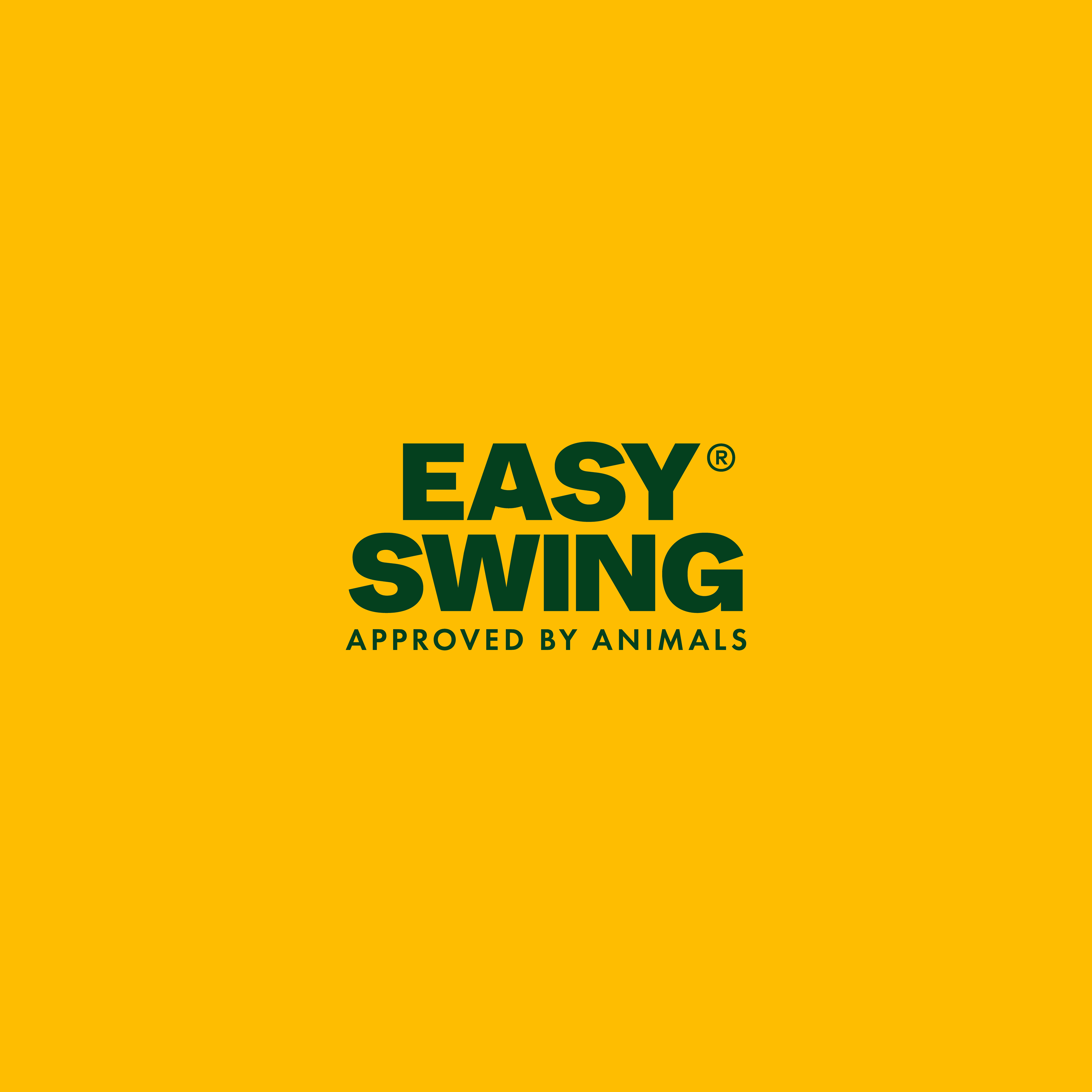 Easy Swing -logo ja iskulause 'Approved by Animals' keltaisella taustalla.
