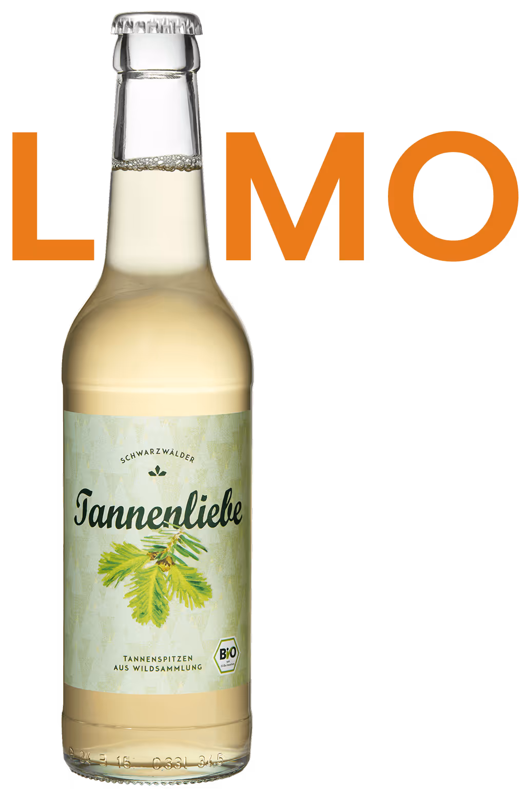 Tannenliebe Bio Limonade vor dunklem Hintergrund mit LIMO-Schriftzug – regionale Schwarzwald-Limo