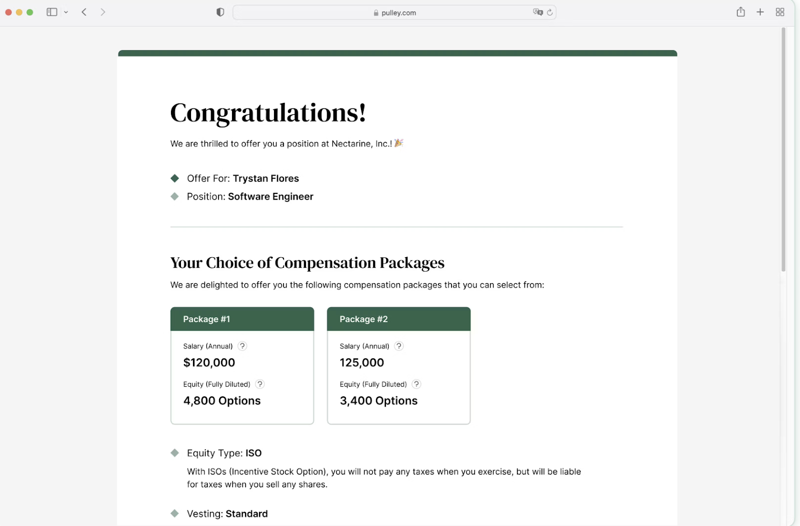 Pulley’s scenario modeling view of employee compensation options.