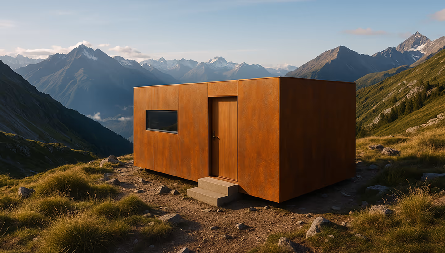 Außenansicht des Wellness Cube mit Cortenstahl-Fassade und Panoramafenster.
