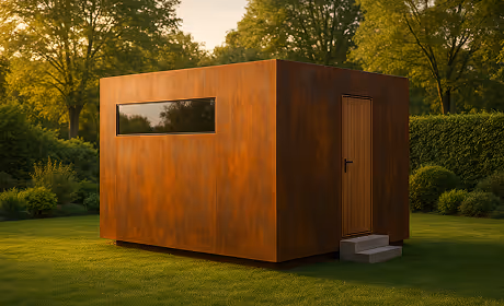 Wellness Cube – Mobiles Tiny House mit integrierter Sauna und Whirlpool im Garten.