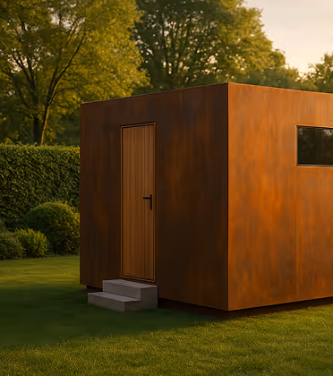 Tiny Wellness House in Metalloptik mit integrierter Sauna und Whirlpool.
