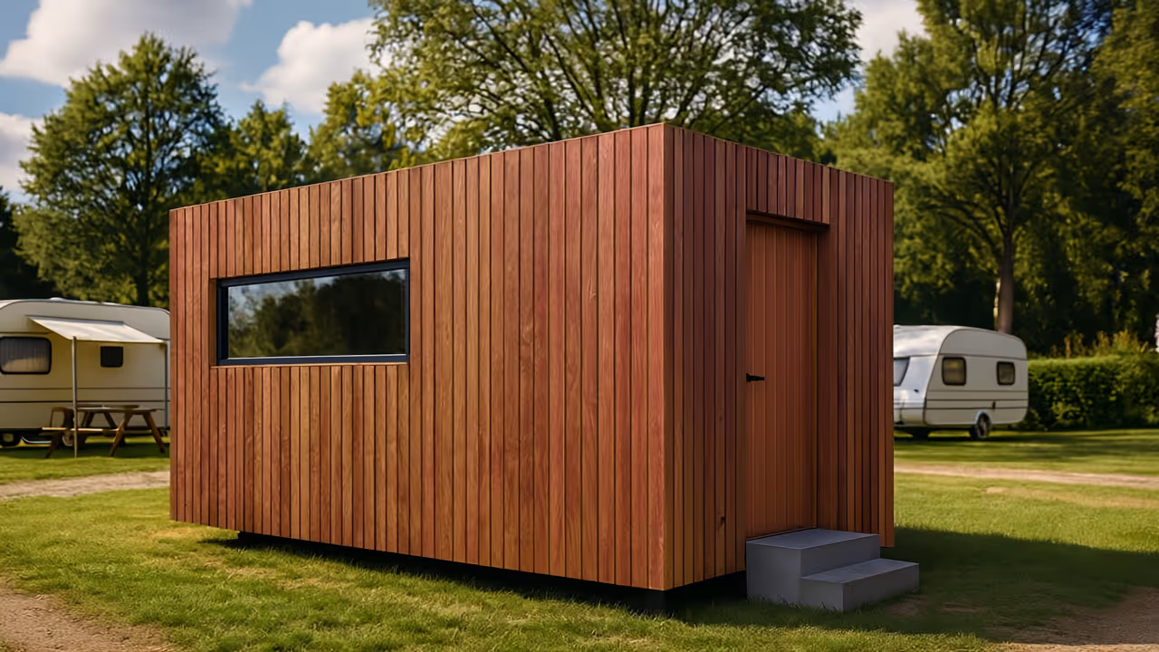 Freistehender Wellness Cube mit Mahagoni-Fassade im Garten.