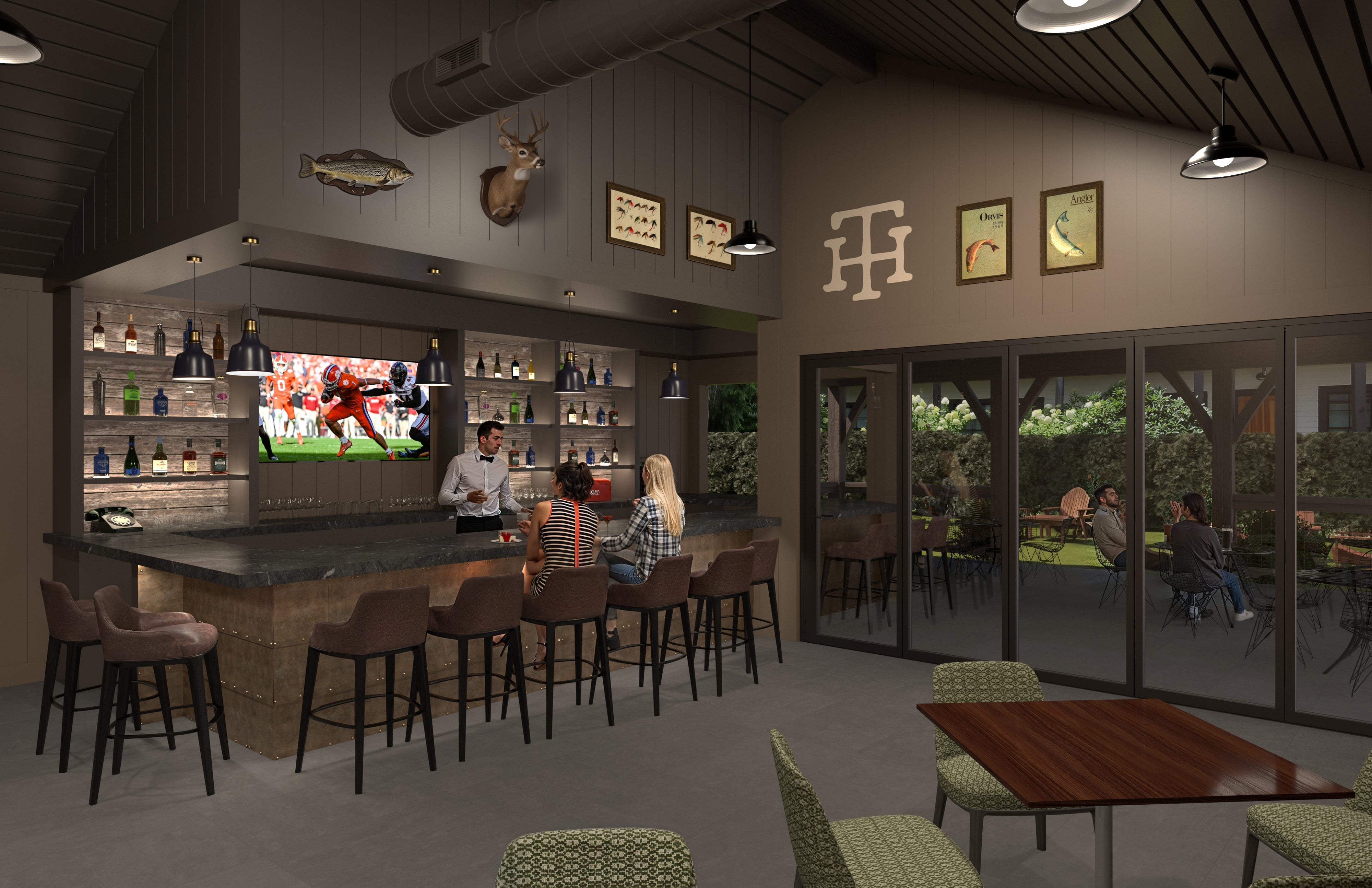 Main dining room and bar area set for a private dinner