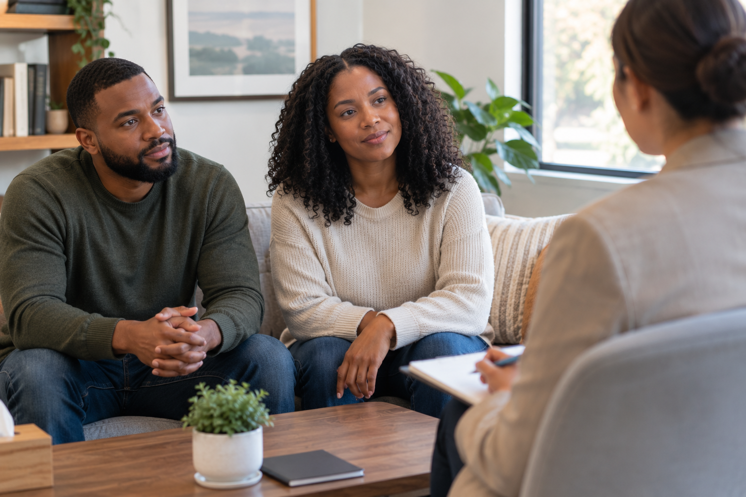 A couple talking with a fertility advisor about how a shared-risk IVF program works