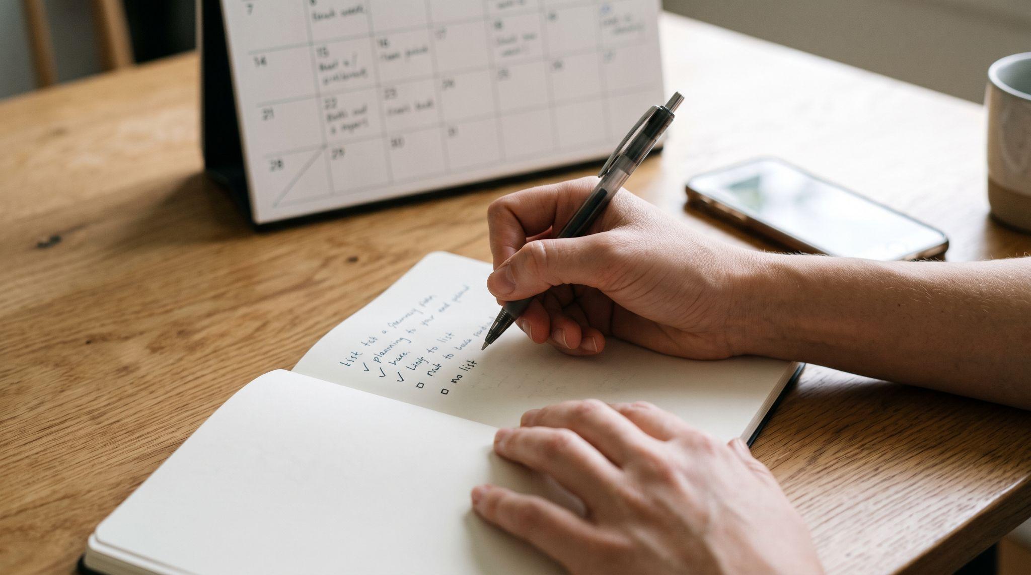 A hand writing questions in a notebook next to a calendar before a follow-up appointment