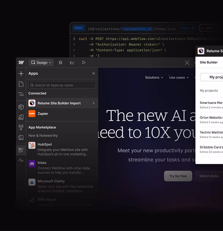 Webflow uygulama panelinde, Relume Site Builder Import, Zapier ve HubSpot gibi bağlantılı uygulamalar listelenmiş, arka planda bir API POST isteği ve yapay zeka destekli verimlilik tanıtımı görülüyor.