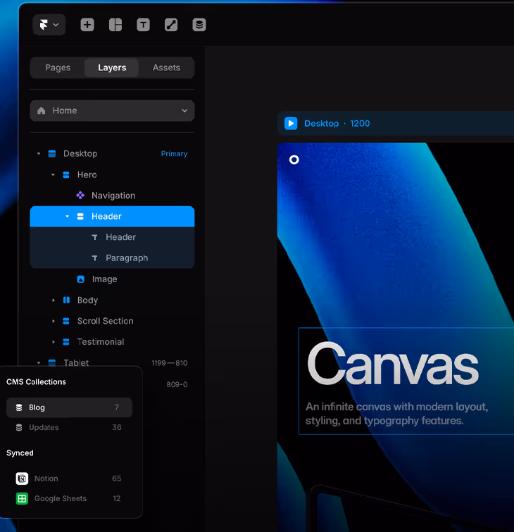 Figma arayüzü katmanlar paneli, seçili header öğesi ve sağda Canvas başlıklı tasarım ekranı.