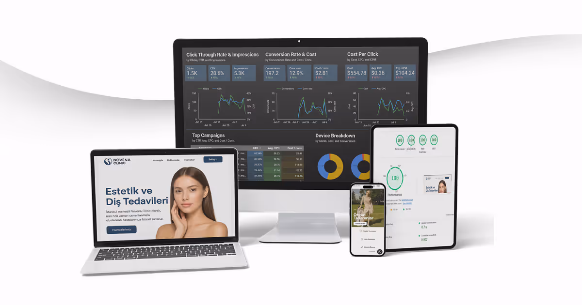 A laptop, tablet, and monitor display a website for a beauty salon.