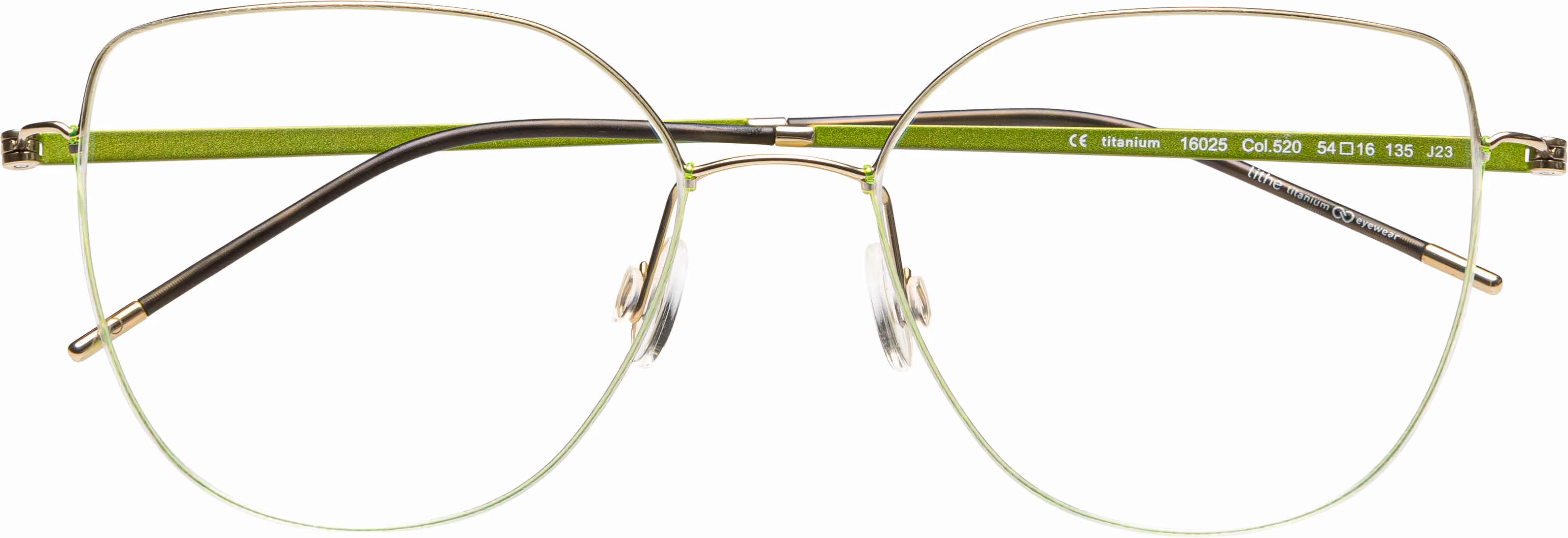 Feinleicht Brillenfassung in eckiger Cateye-Form mit goldfarbenem Draht und Bügeln aus hellgrün mattiertem Titan.