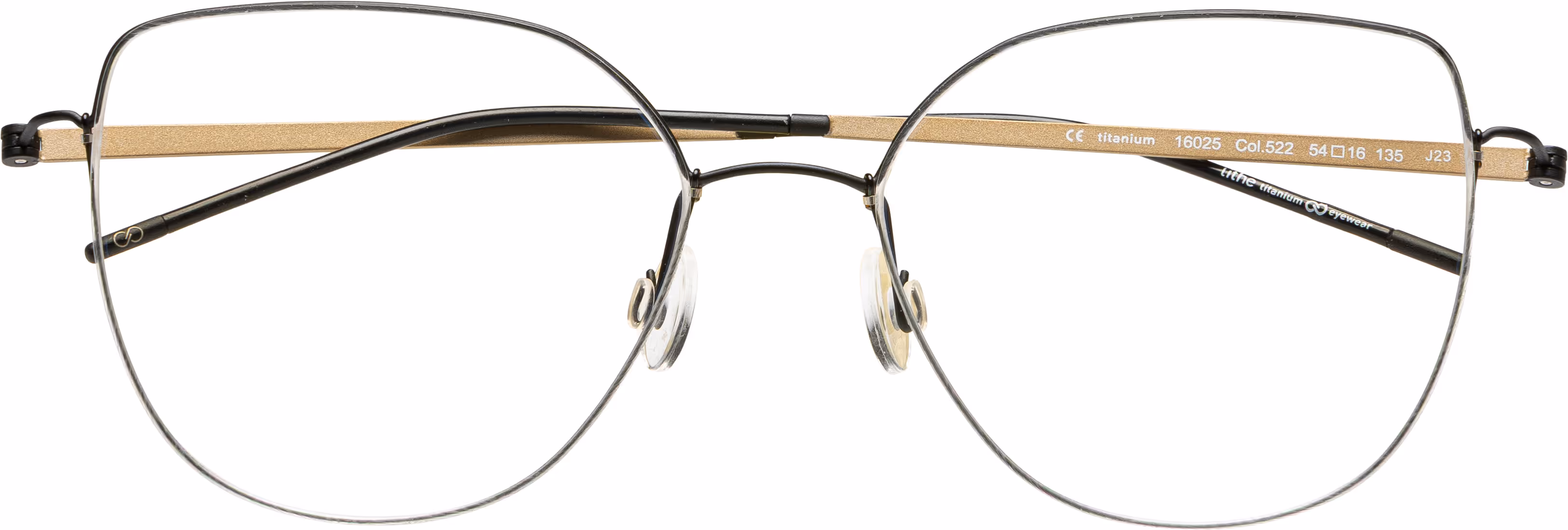 Feinleicht Brillenfassung in eckiger Cateye-Form mit schwarzem Draht und gold mattierten Titan-Bügeln.