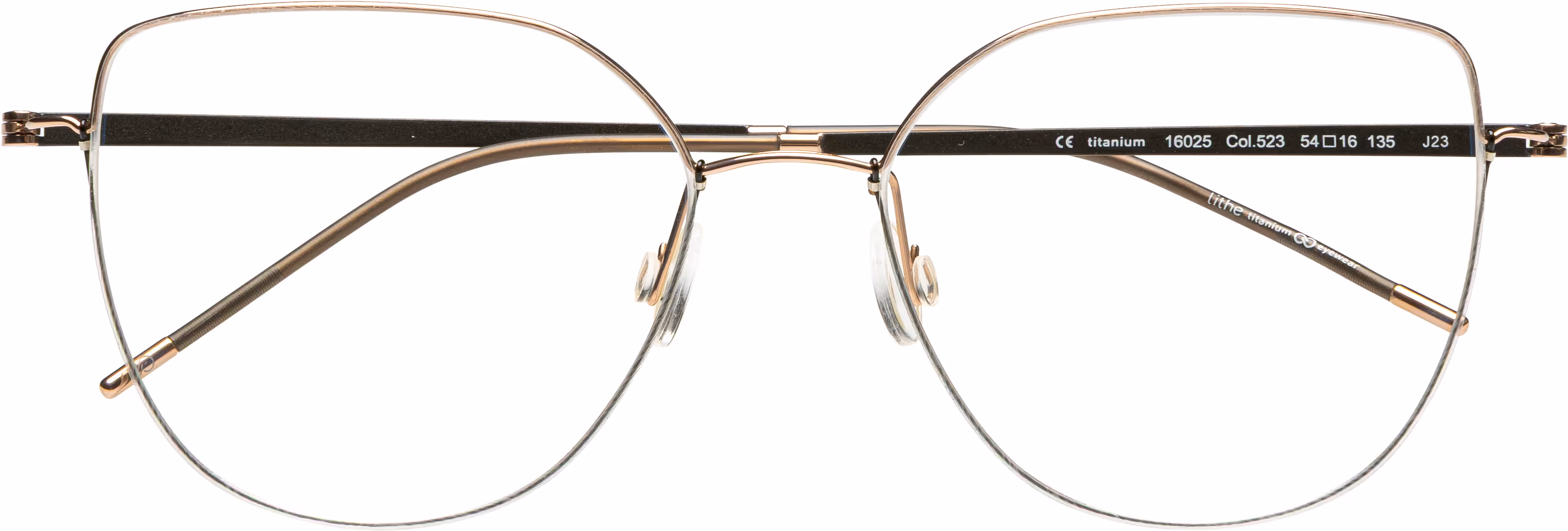 Feinleicht Brillenfassung in eckiger Cateye-Form mit roségoldenem Draht und matt schwarz beschichteten Titan-Bügeln.