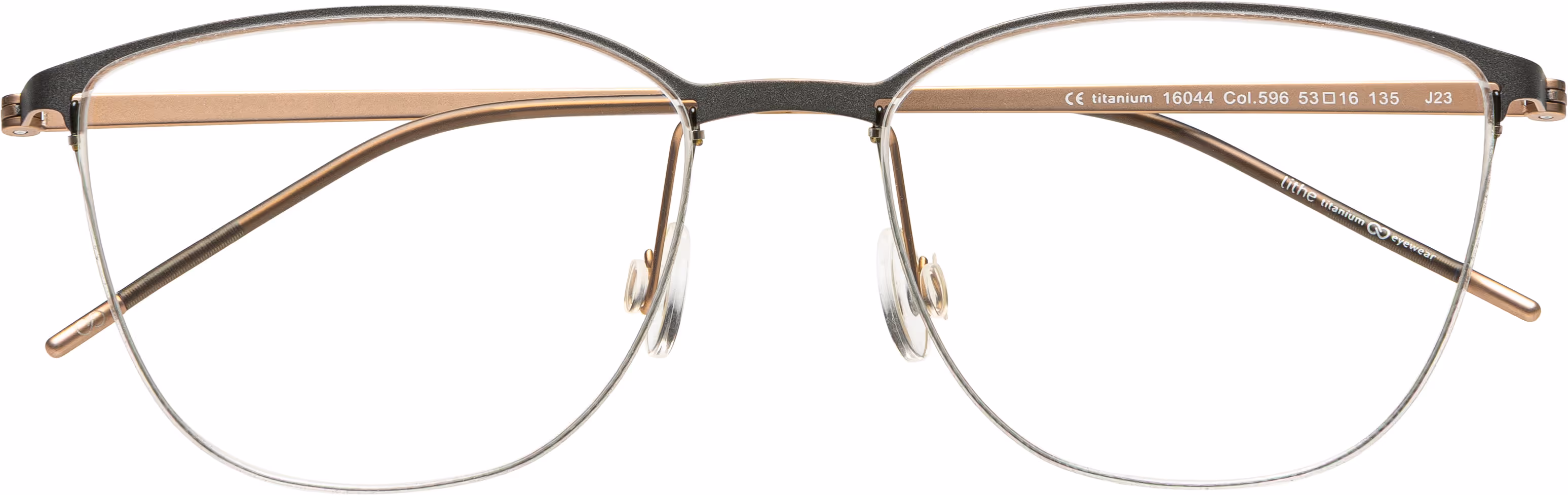 Feinleicht Brillenfassung in Cat-Eye-Form aus mattiertem roséfarbenem Titan mit dunkelgrauen Details.