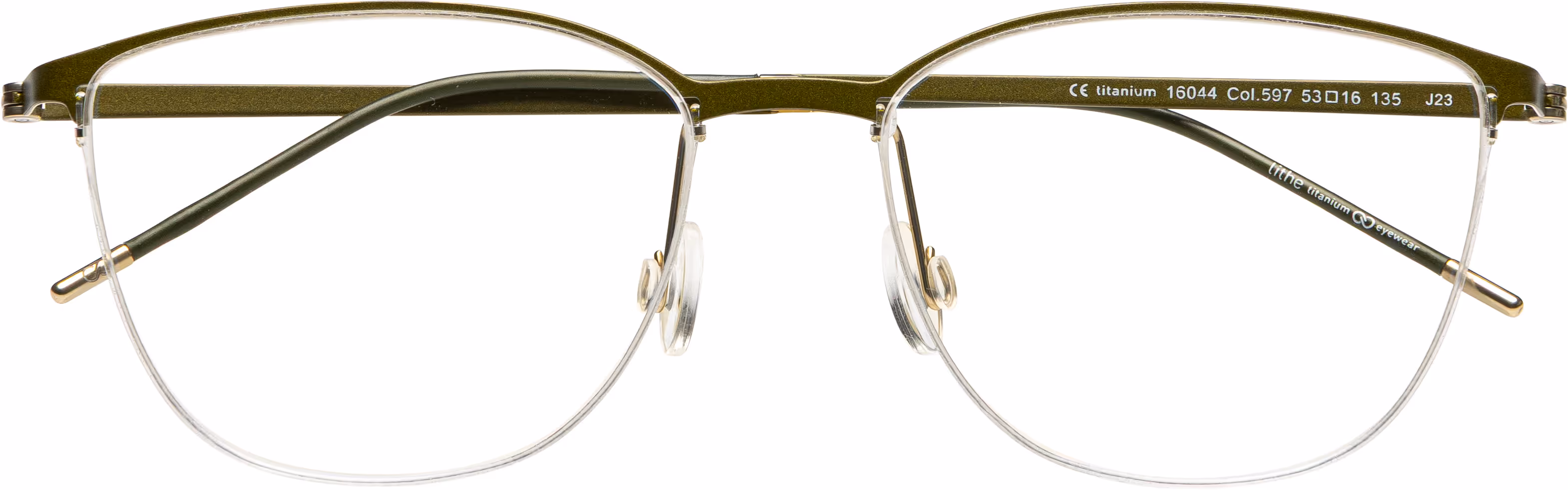 Feinleicht Brillenfassung in Cat-Eye-Form aus mattiertem olivgrünem Titan mit goldenen Akzenten.