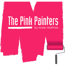 Logo der Pink Painters mit weißem Text auf pinkfarbenem Pinselstrich-Hintergrund.