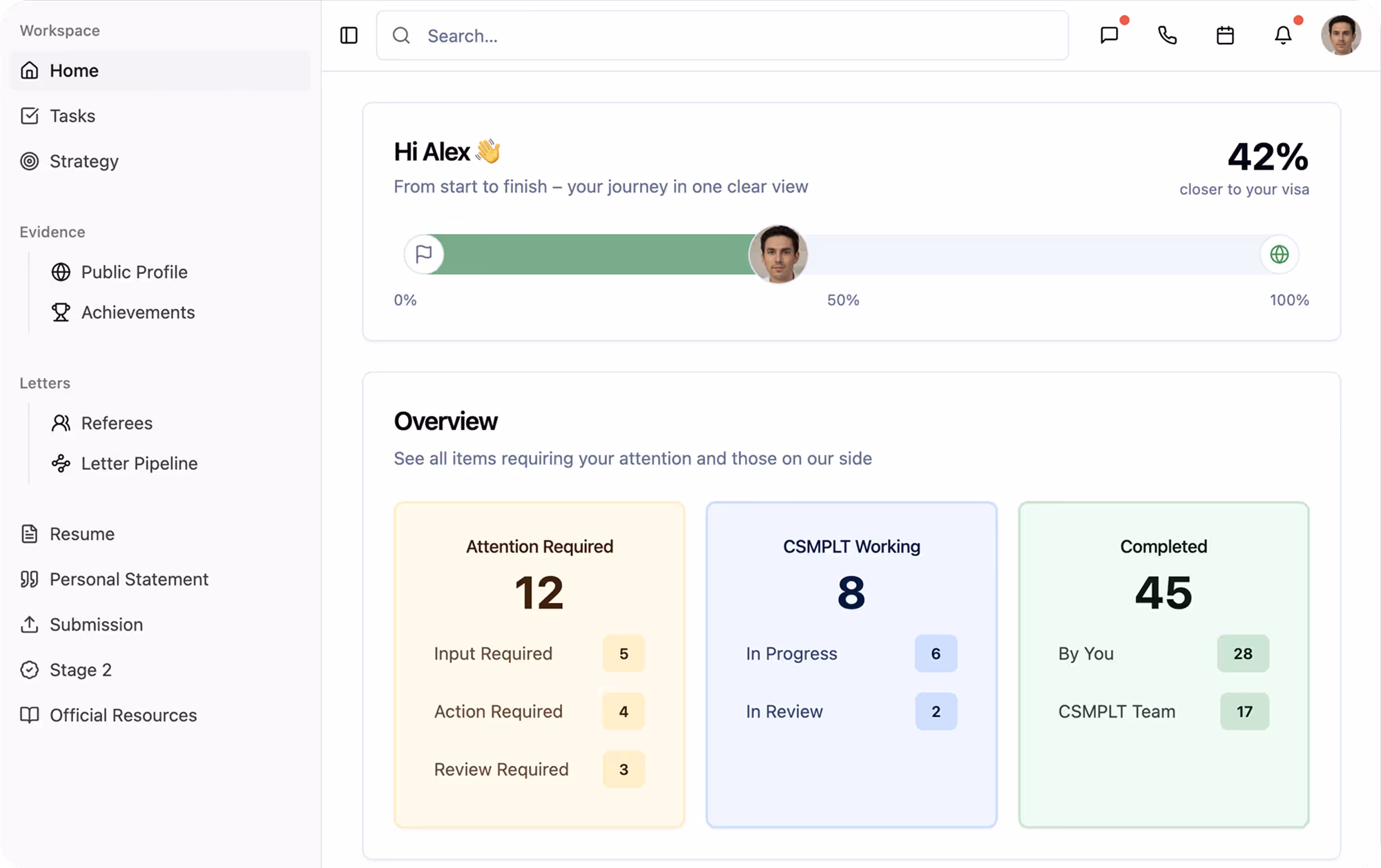 Screenshot of the main dashboard of the CSMPLT Navigator App