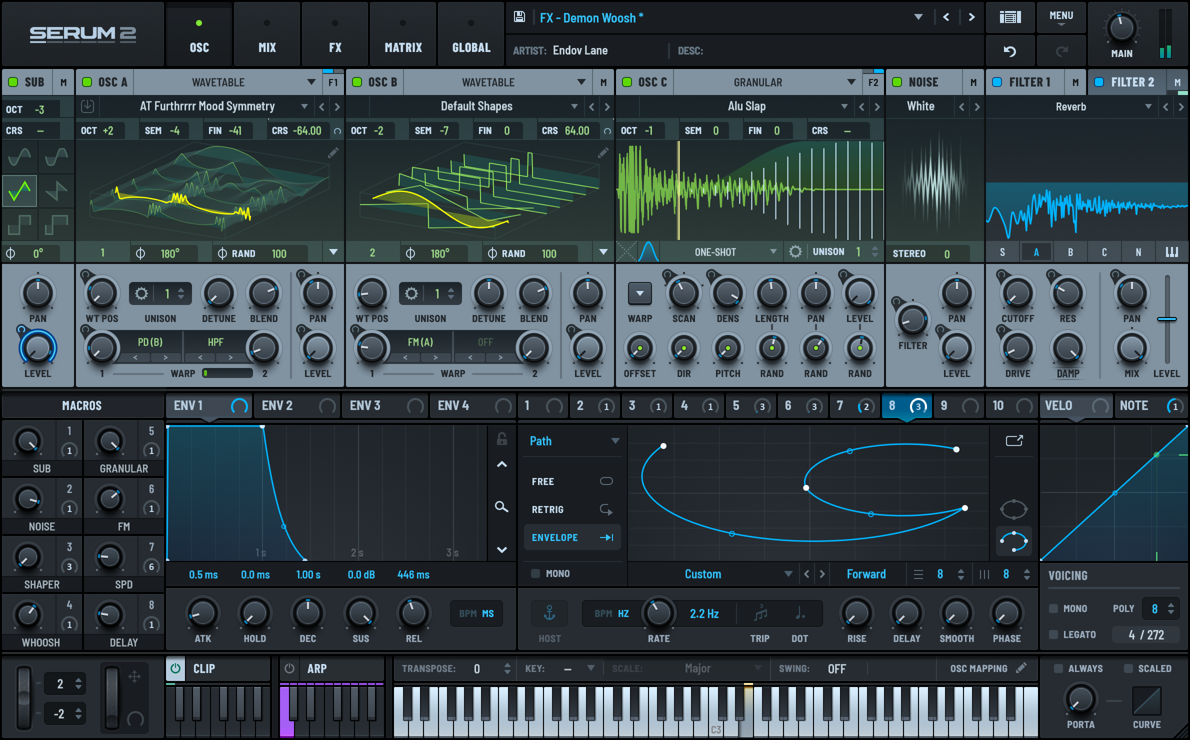 Serum 2 wavetable synthesizer interface showing oscillators, effects, and LFO modulation controls