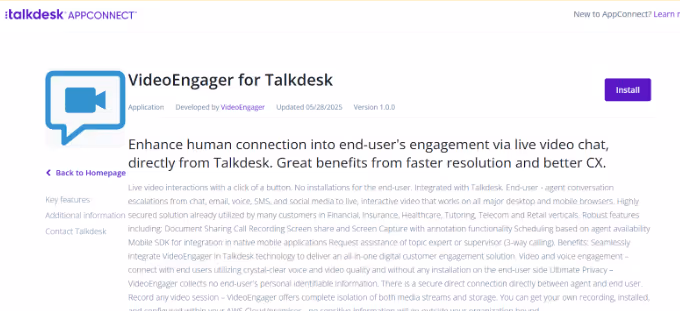 TalksDesk page about VideoEngager