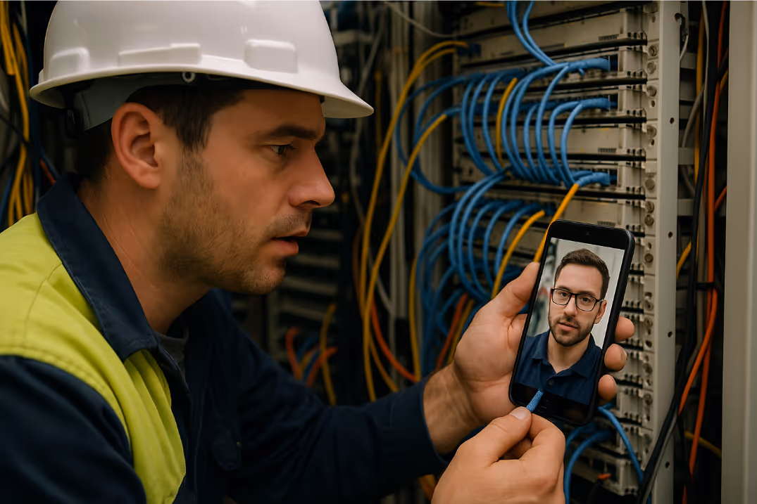 Engineer working with wires while on video chat