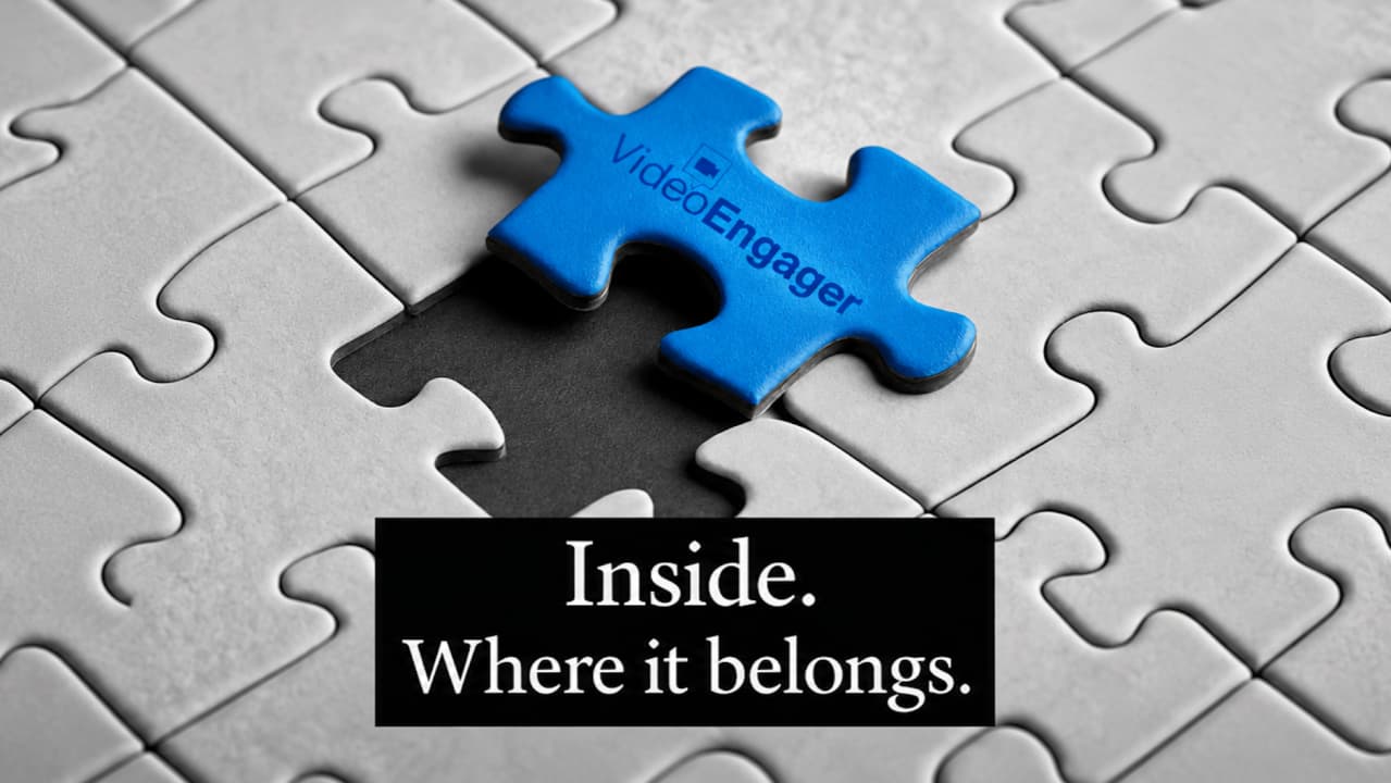 Blue VideoEngager puzzle piece being placed into a puzzle — Inside. Where it belongs.