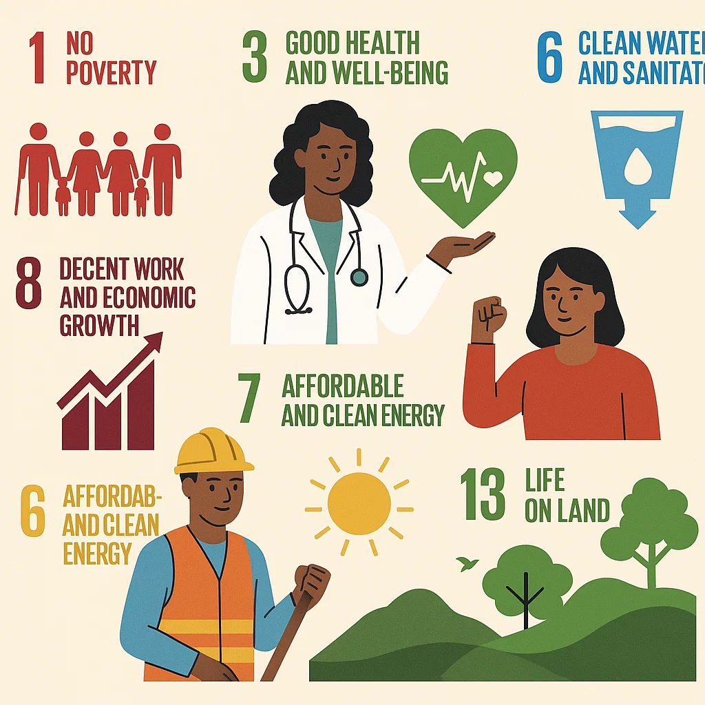 Infographic showing SDGs supported by Kijani Group’s Liberia WASH Initiative, including access to clean water, education, gender equality, and climate action.