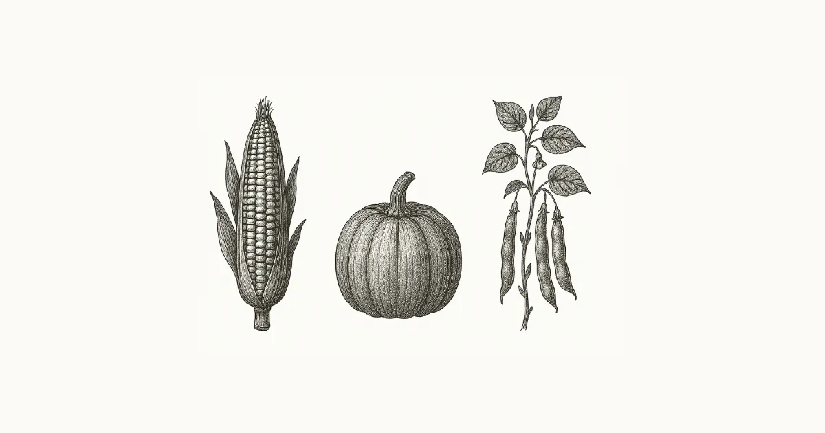 Botanische Zeichnung von Mais, Kürbis und Bohne – die „Drei Schwestern" als Sinnbild für Vielfalt und Kollaboration im Team