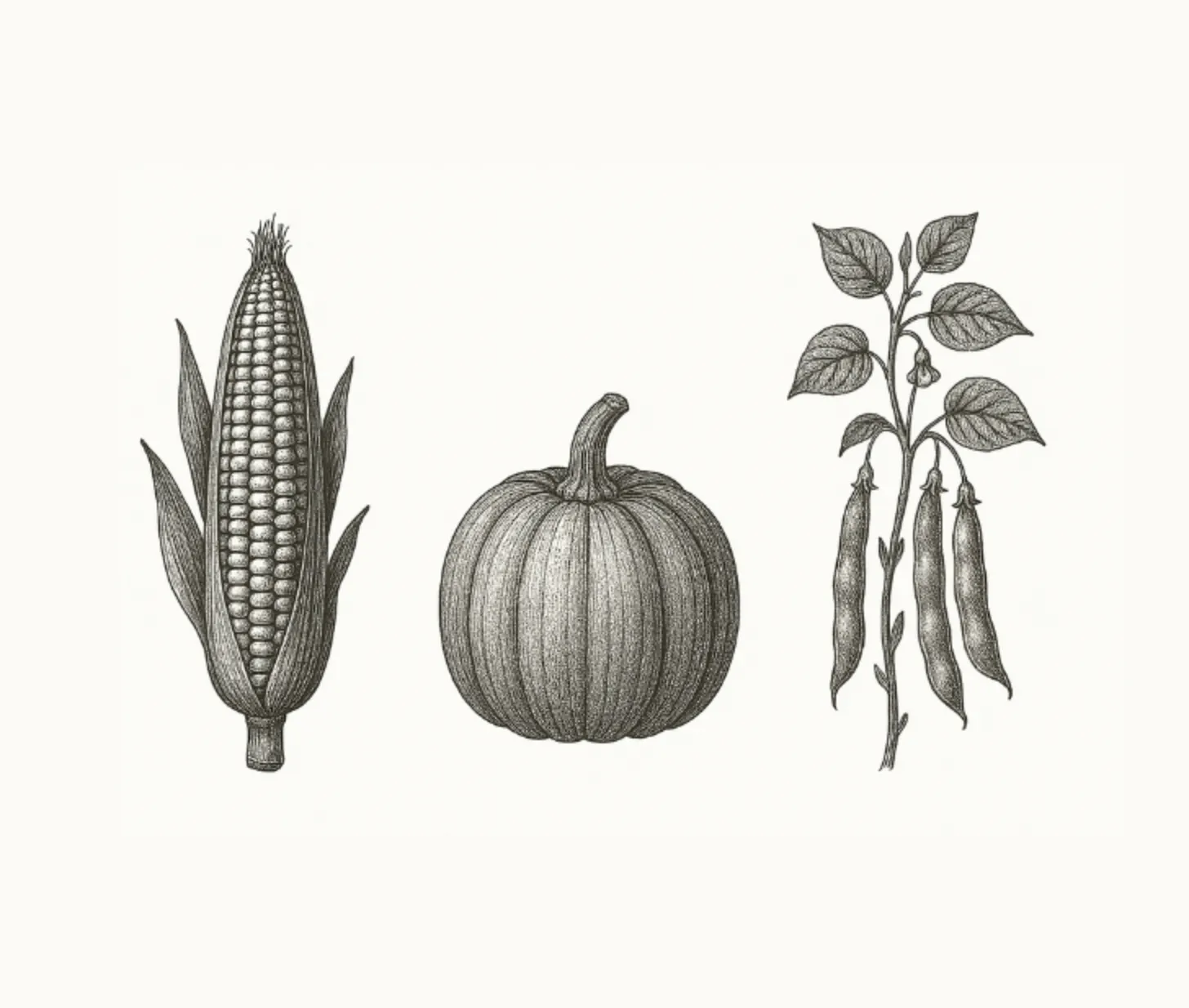 Botanische Zeichnung von Mais, Kürbis und Bohne – die „Drei Schwestern" als Sinnbild für Vielfalt und Kollaboration im Team