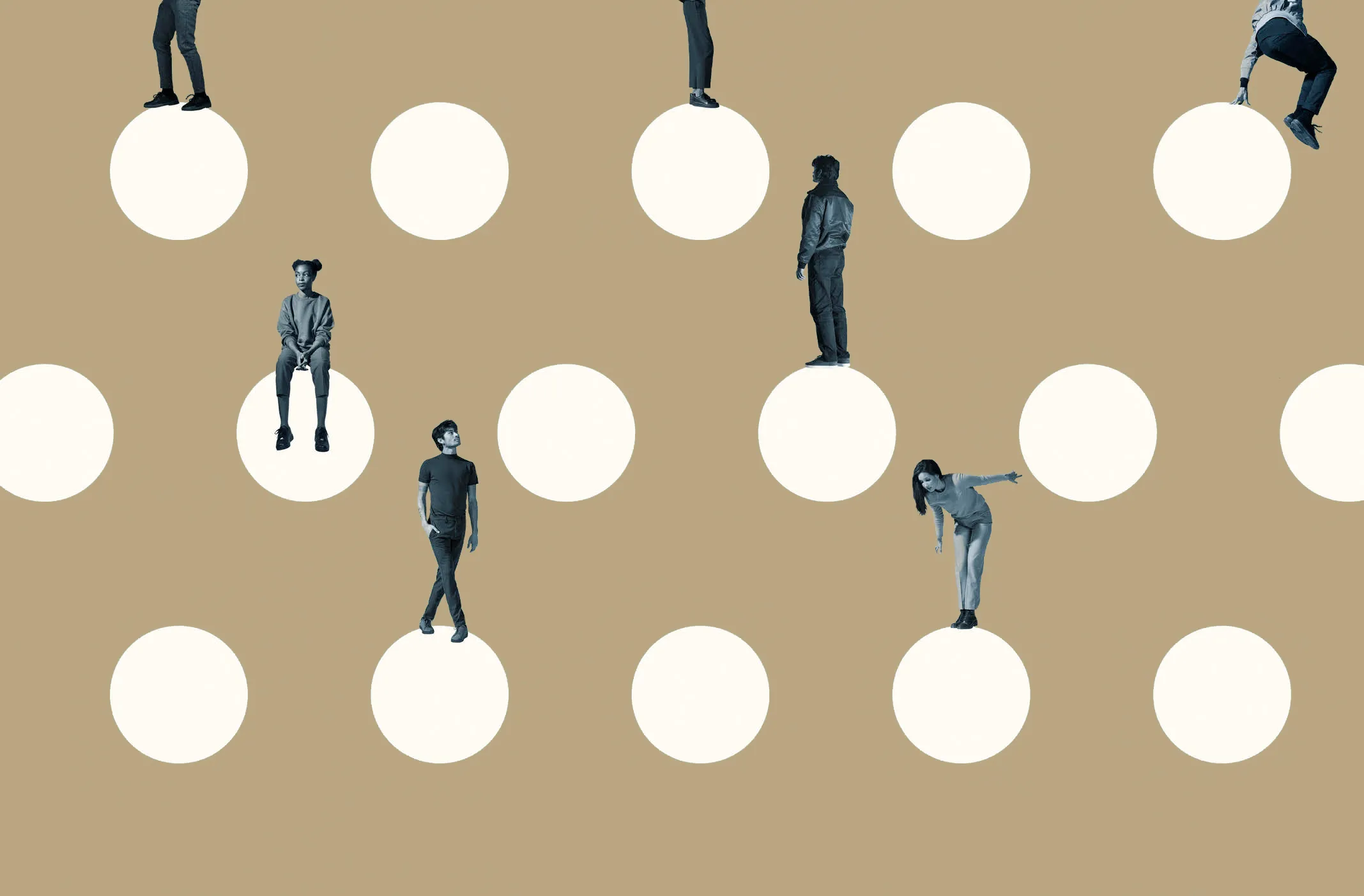 Bildcollage aus verschiedenen Menschen, die auf hellen Kreisen stehen und sitzen – Sinnbild für Vielfalt und Zwischenmenschlichkeit