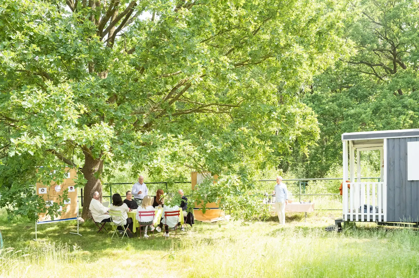 Gruppe sitzt bei einem Workshop an einem Tisch unter einer großen Eiche auf einer Sommerwiese, daneben Moderationswände und ein Bauwagen – Präsenzstart der deep3 Ausbildung auf dem Hof