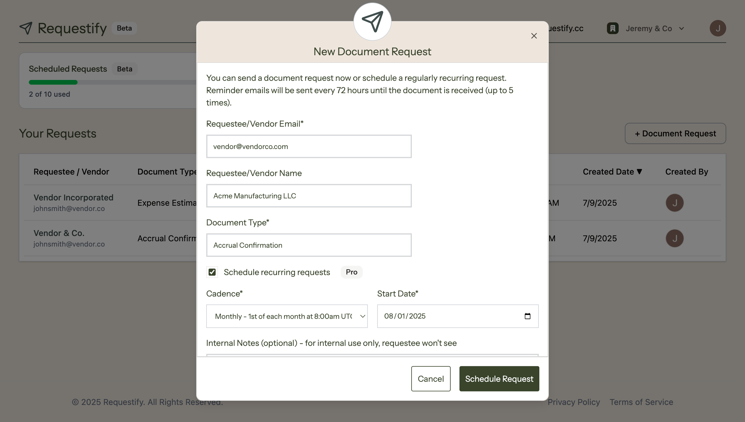Requestify - Automate Accrual Confirmations - New Document Request Screenshot