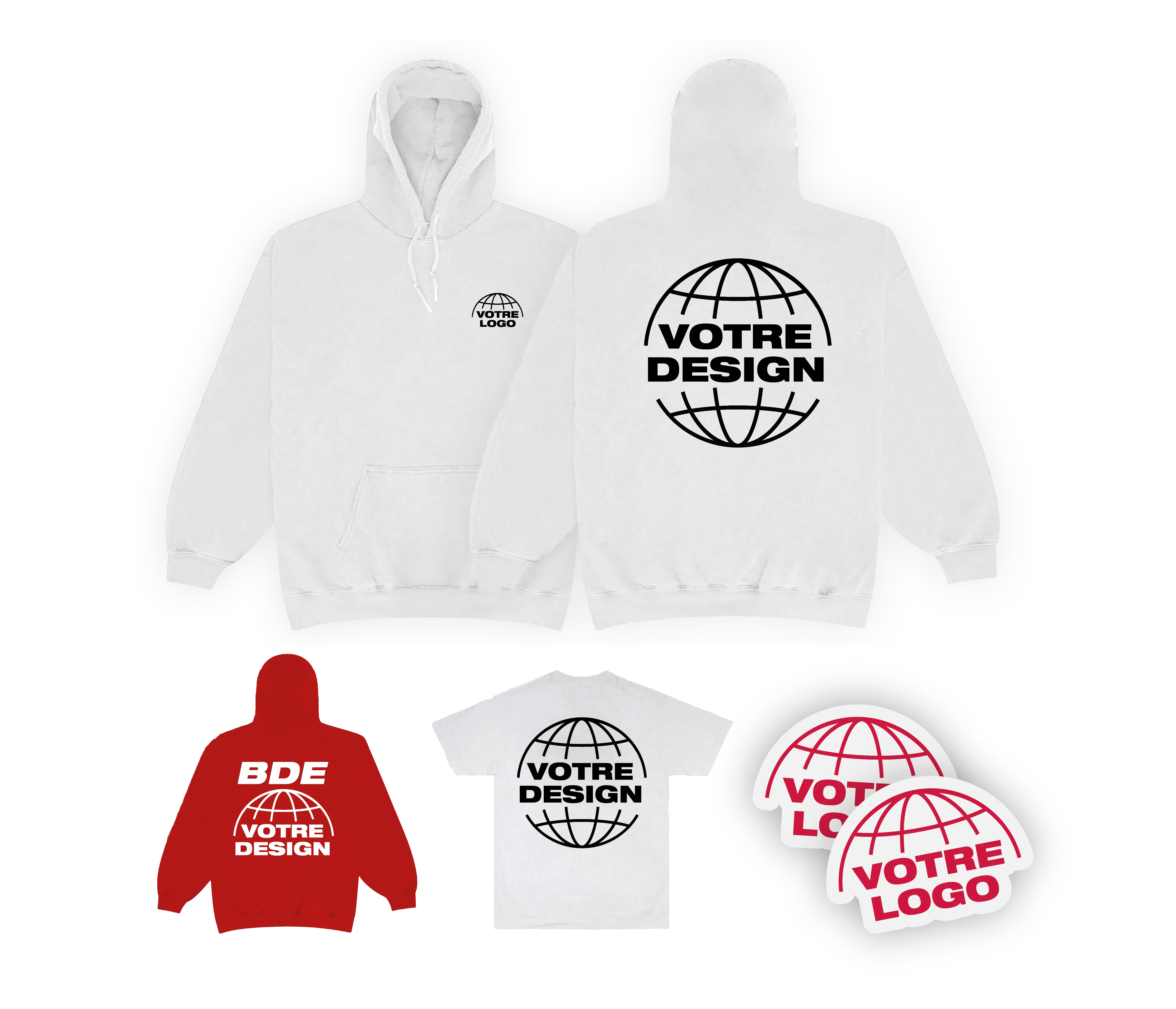 Sweats, sweats spéciaux membres BDE, t-shirts et stickers à l'effigie de votre design.
