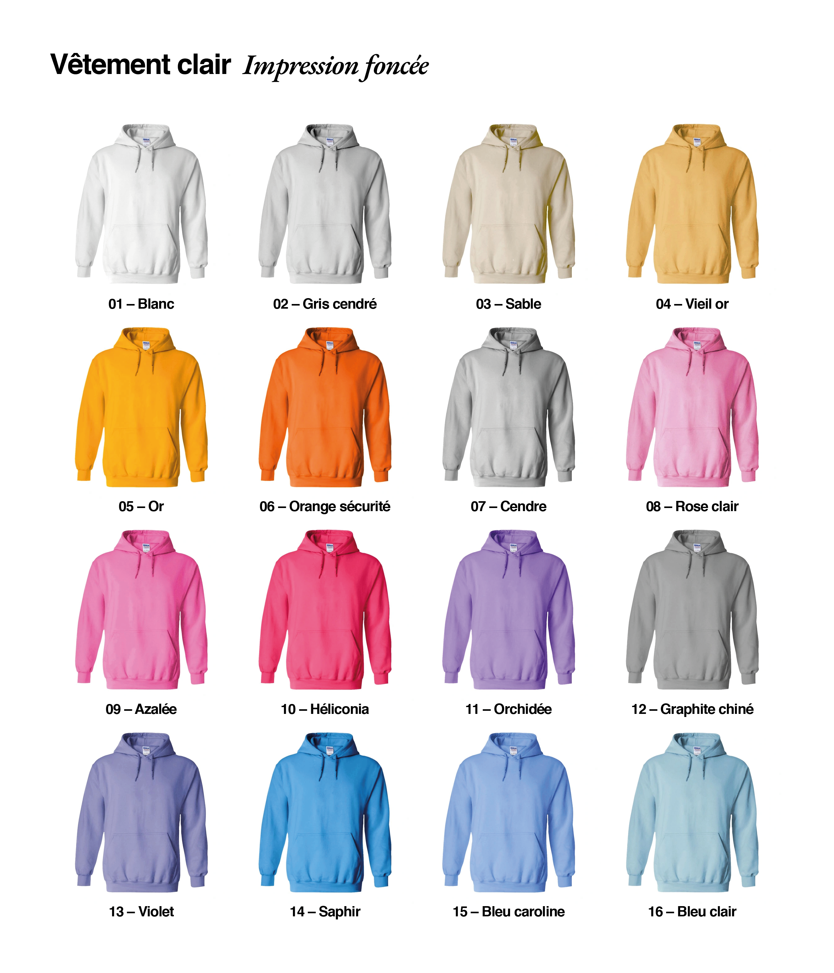 Les seize couleurs de vêtement claires disponibles, sur lesquelles imprimer foncé.